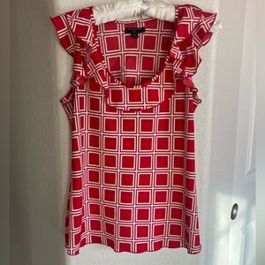 Banana Republic Red and White Checkered Blouse with Ruffled Sleeves and Neck